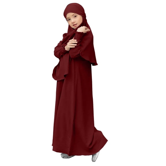 Coerni Muslim Girl Dress One-Piece Abaya for Kids Islamic Kaftan Prayer Long Robe Hoodied Hijab Middle East Dubai Clothes