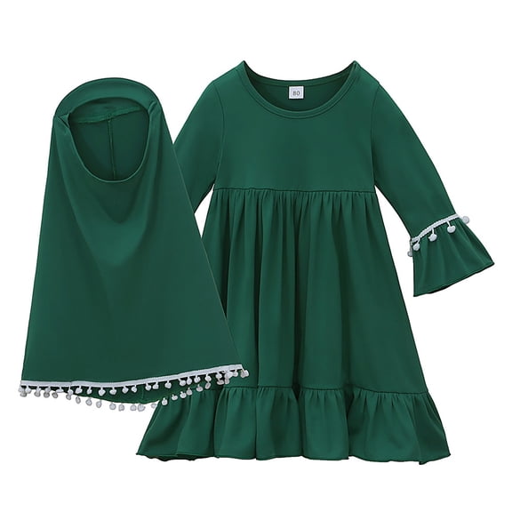 Coerni Muslim Girl Dress Two-Piece Muslim Prayer Dress Set Long Sleeve Full Length Maxi Dress Abaya Kaftan with Scarf Hijab