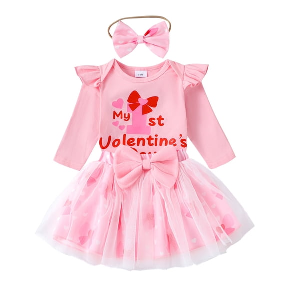 Coerni My 1st Valentines Day Outfits Baby Girls Cute Heart Romper Tulle Tutu Skirt Set Bowknot Headband Ruffle Dress 𝐎nesie Suit
