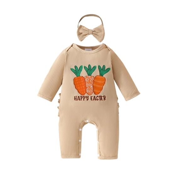 Coerni My First Easter Baby Girl Outfit Carrot Bunny Romper Jumpsuit Ruffle Butt New Born 1st Easter One Piece Clothes with Headband