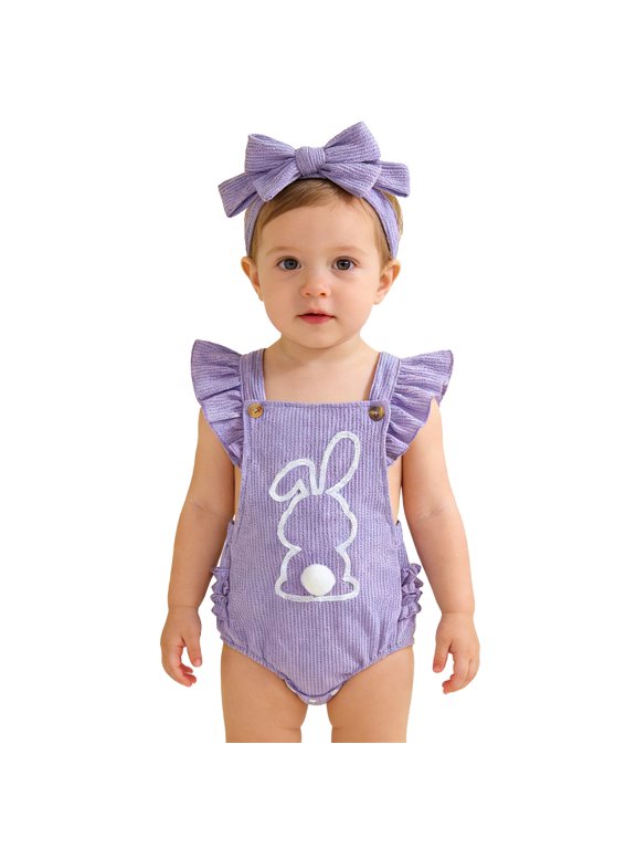 Coerni My First Easter Baby Girl Outfit New Born Romper Set Ruffle Rabbit Ears Bubble Jumpsuit Bunny Tail Clothes with Bow Headband