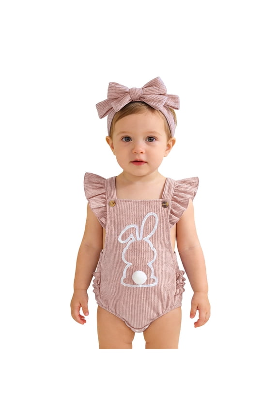 Coerni My First Easter Baby Girl Outfit New Born Romper Set Ruffle Rabbit Ears Bubble Jumpsuit Bunny Tail Clothes with Bow Headband
