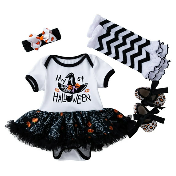 Coerni My First Halloween Romper Baby Girls Outfits with Tutu Skirt Set Printed Headband Jumpsuit Christmas Dress Clothes Suit