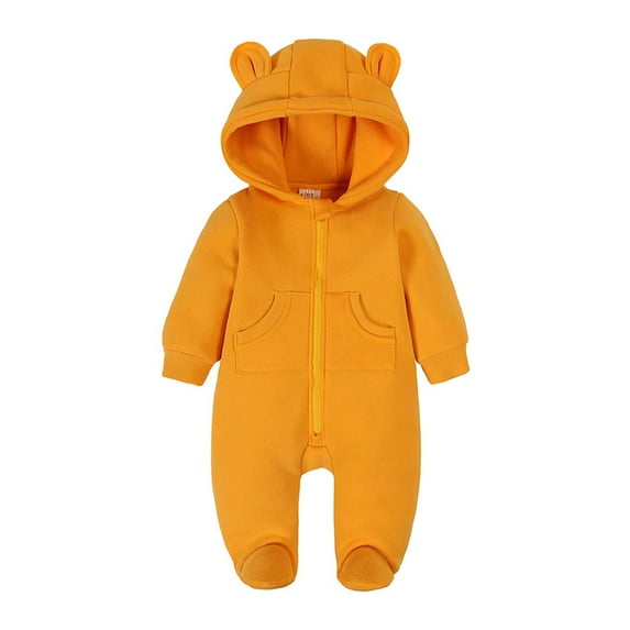 Coerni New Born Baby Boys Solid Romper Long Sleeve Cute Bodysuit with Pockets Girl Footie Snowsuit Clothes Bear Ears Hooded