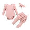 thumbnail image 1 of Coerni New Born Baby Girls Clothes Long Sleeve Solid Rib Romper Bow Pants Headbands Set Fall Winter Outfits 3pcs, 1 of 6