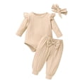 thumbnail image 1 of Coerni New Born Baby Girls Clothes Long Sleeve Solid Rib Romper Bow Pants Headbands Set Fall Winter Outfits 3pcs, 1 of 7