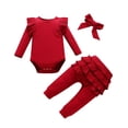 thumbnail image 1 of Coerni New Born Baby Girls Clothes Long Sleeve Solid Rib Romper Bow Pants Headbands Set Fall Winter Outfits 3pcs, 1 of 6