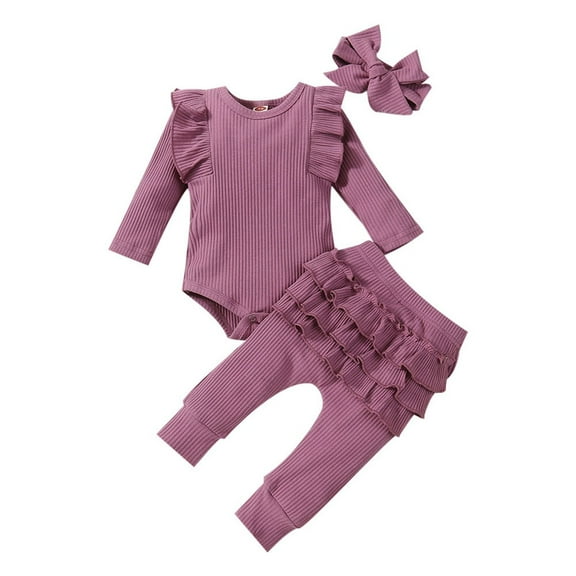 Coerni New Born Baby Girls Clothes Long Sleeve Solid Rib Romper Bow Pants Headbands Set Fall Winter Outfits 3pcs
