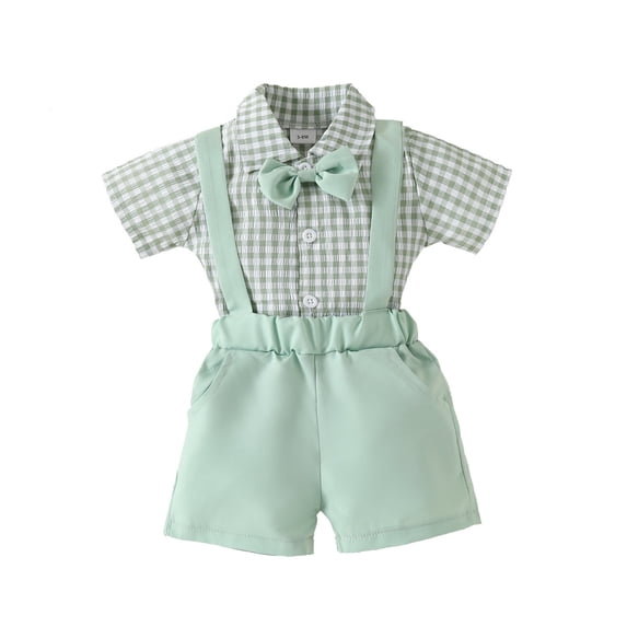 Coerni New Born Boy Shirt Set Plaid Print Tops with Bow Tie Suspender Shorts Toddler Kids Summer Gentleman Clothes Hawaii Holiday Set