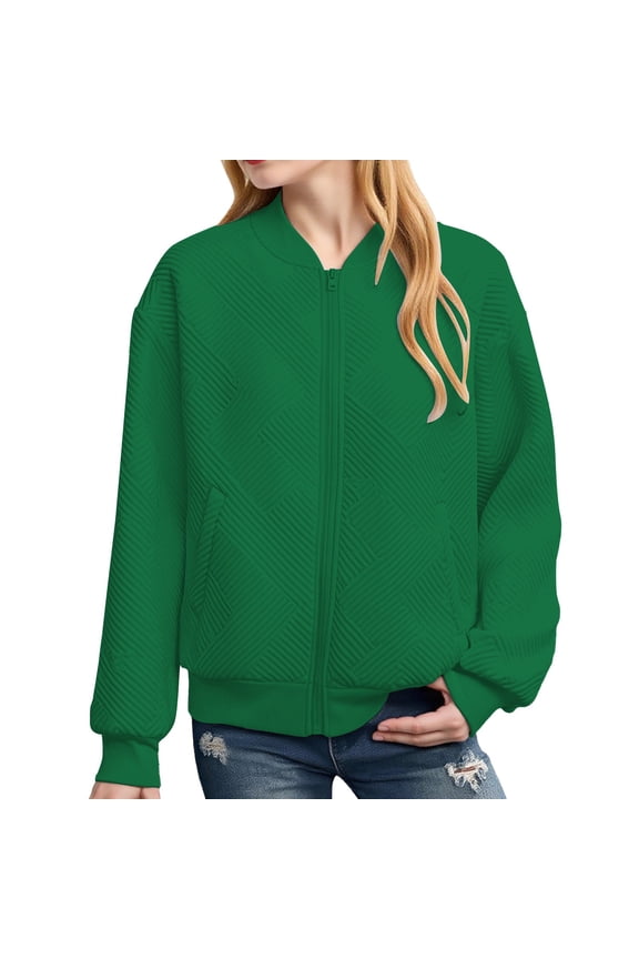 Coerni Quilted Texture Bomber Jacket for Girls Rib Knit Cuffs Long Sleeve Baseball Clothes Solid Casual Preppy Spring Fall Preppy Outerwear