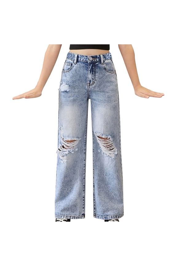 Coerni Ripped Denim Jeans for Kids Straight Wide Leg Distressed Washed Cotton Baggy Pant Y2K Lightweight Streetwear Skater Trouser