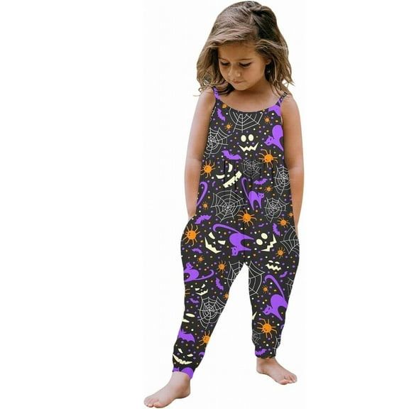 Coerni Rompers for Girls Children Halloween Outfit Baby Kids Jumpsuit Pants Clothes With Pocket Print Sleeveless Strap Jumpsuit