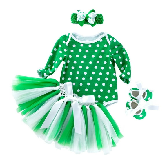 Coerni St Patricks Day Baby Girl Outfit Toddler Long Sleeve Polka Dots Bodysuit Romper Tutu Tulle Skirt Shoes Headband 4Pcs Set