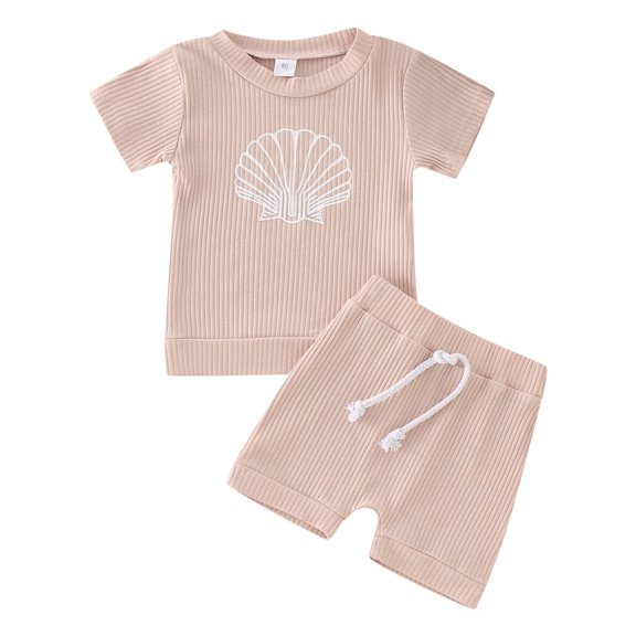 Coerni Summer Beach Leisure Outfit for Toddler Boys Girls Short Sleeve Cotton Ribbed T Shirt Pullover Tops Shorts Outfits