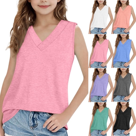 Coerni Tank Tops for Girls Sleeveless T Shirt Summer V Neck Aesthetic Kids Basic Tee Plain Sport Loose Fit Fashion Casual