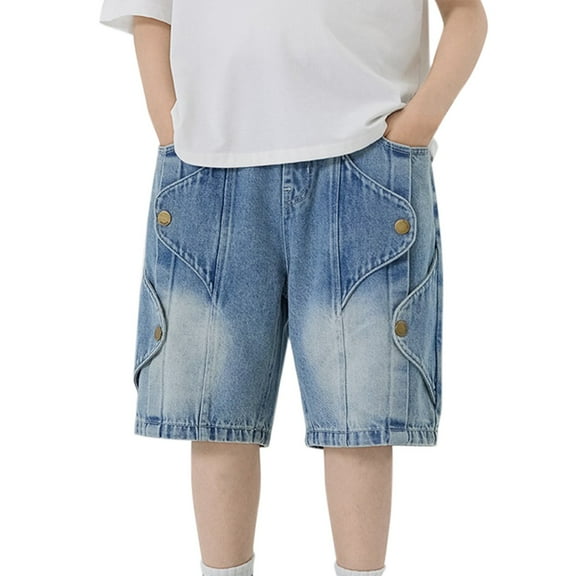 Coerni Teen Boys Stretch Cargo Denim Shorts Elastic Waist School Jorts Wide Leg Knee Length Cargo Jeans Hip Hop Skateboard Y2k