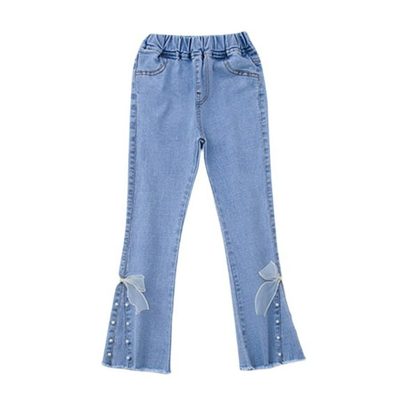 Coerni Teen Girls Flare Jeans High Waisted Denim Bell Bottoms Elastic Waist Denim Pants Vintage Bootcut Jeans Lace Bow Pants
