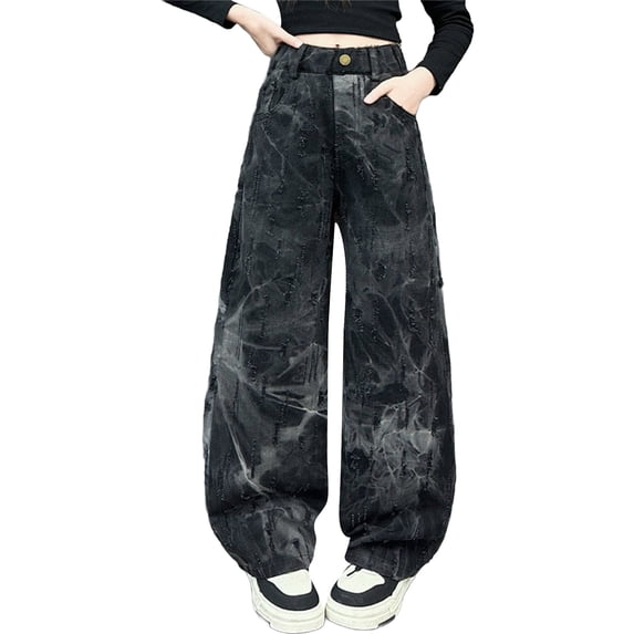 Coerni Teen Girls Jeans Ripped Baggy Small Pockets Floor Denim Pants Big Kids Streetwear Hip Hop Loose High Waist Leg Trousers