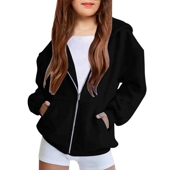 Coerni Teen Girls Oversiezd Zip Up Sweatshirts Hoodie Kids Fleece Soild Color Lightweight Jackets With Pockets Fall Y2k Clothes