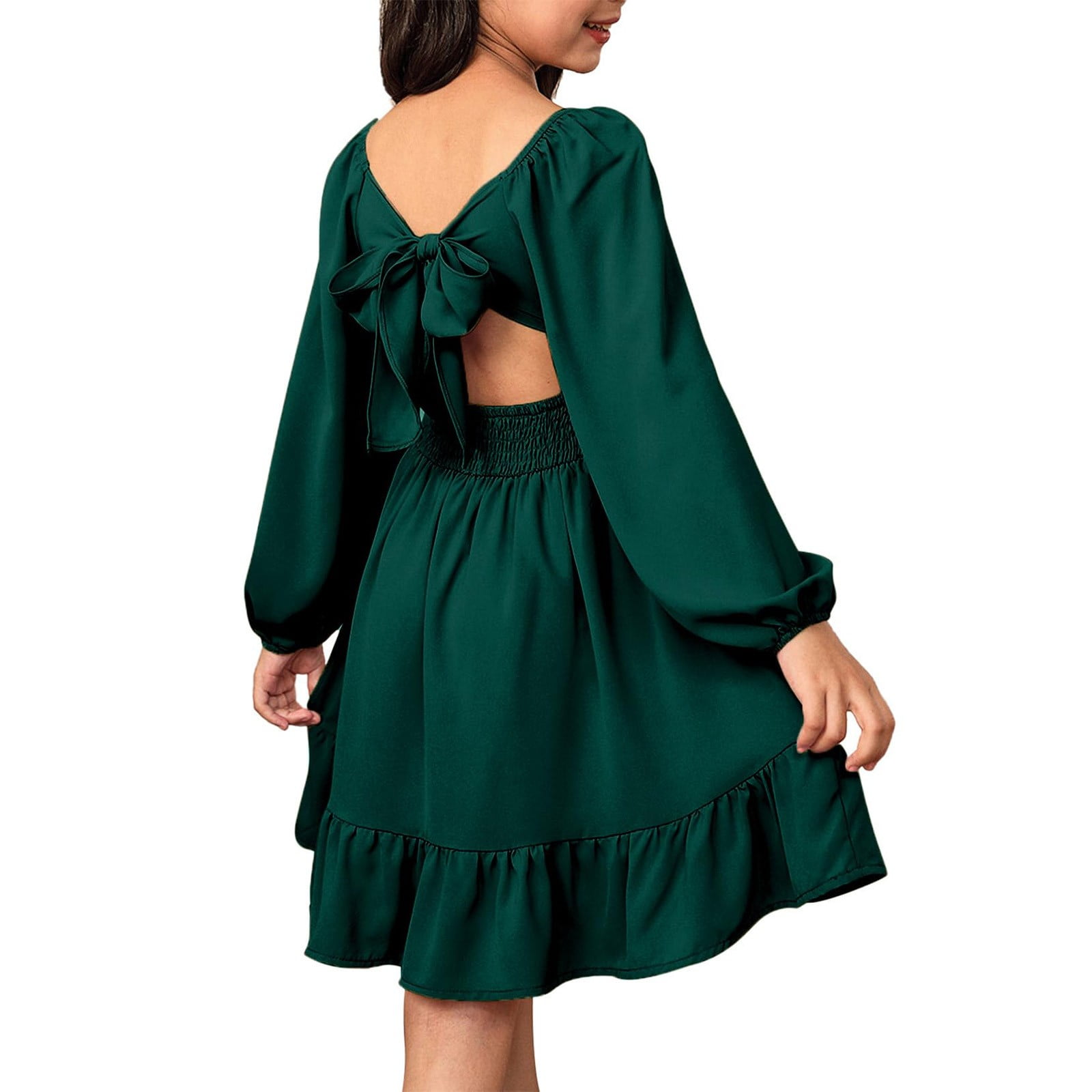 Coerni Teen Girls Puffy Long Sleeve Dress Square Neck Tie Back Midi  Sundress Oversized Bow Dresses Elegant A Line Party Gown - Walmart.com