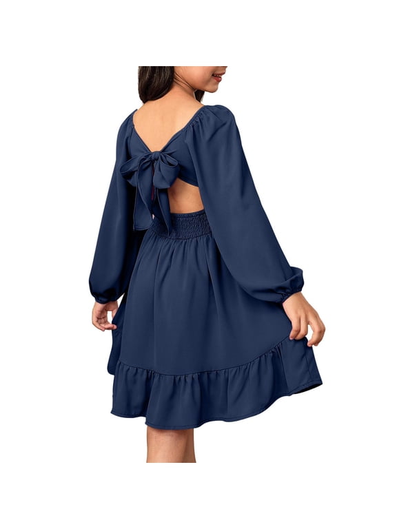 Coerni Teen Girls Puffy Long Sleeve Dress Square Neck Tie Back Midi Sundress Oversized Bow Dresses Elegant A Line Party Gown