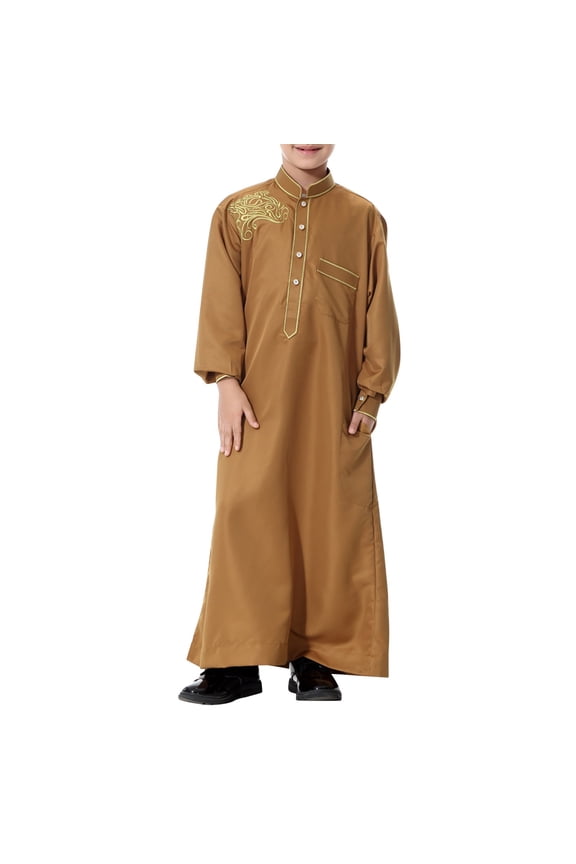Coerni Thobe for Boys Embroidered Long Sleeve Muslim Outfits Half Buttons Kaftan Robe Casual Arabic Clothes for Youth Boy