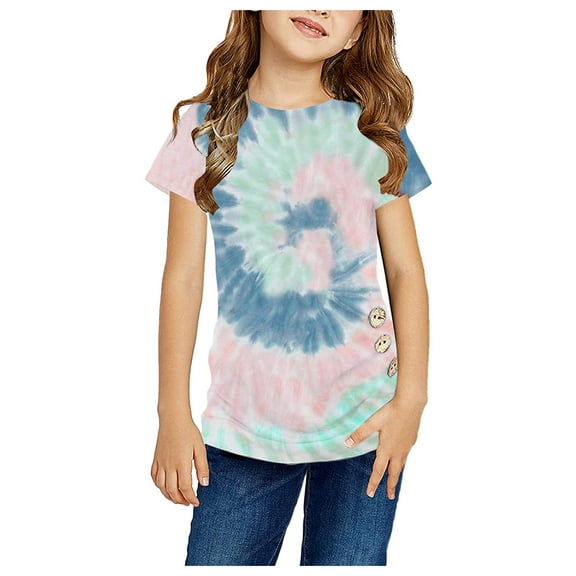 Coerni Tie-Dyed Printed Girls Tops Short Sleeve Rainbow Colorful T Shirts Casual Crewneck Pullover Tees for Teens Kids
