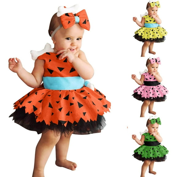 Coerni Toddler 3 Piece Caveman Cute Dress Outfits Girls Halloween Dog Pumpkin Historical Cavegirl Mesh Tulle Dresses Set