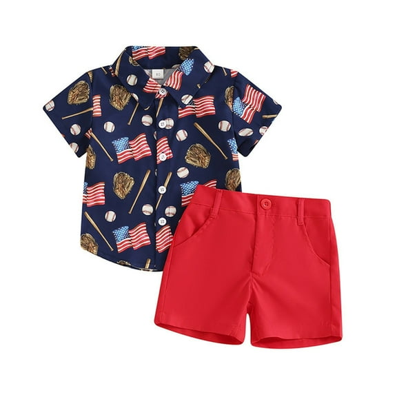 Coerni Toddler Baby Boy 4th of July Clothes Set Short Sleeve Button Up Shirt Top and Shorts Set 2 Piece Summer Outfits
