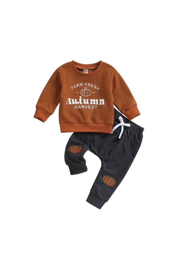 Coerni Toddler Baby Boy Fall Outfits Clothes Children Boy Long Sleeve Pumpkin Print Sweatshirt Elastic Long Pants Set