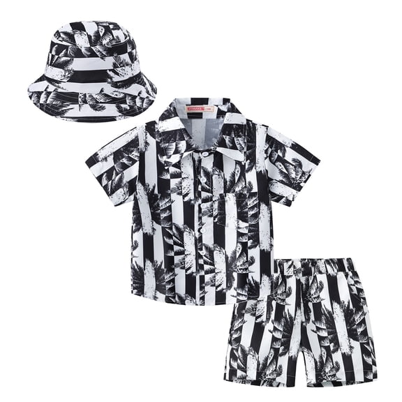 Coerni Toddler Baby Boy Hawaiian Beach Short Sleeved Suit Button Down Shirt + Beach Shorts with Hats Summer Casual Clothes