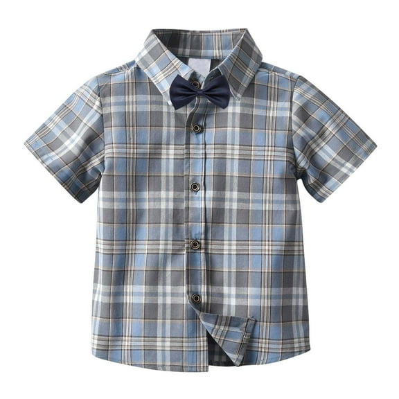 Coerni Toddler Baby Boys Button Down Shirt Short Sleeve Plaid Dress Shirt with Bow Tie, Lapel Neck Gentleman Tee Summer Tops