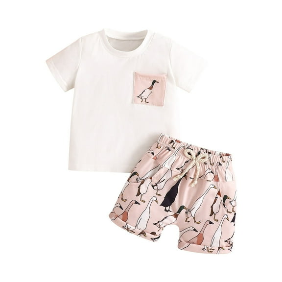 Coerni Toddler Baby Boys Cotton Short Sleeve Round Neck Top Tee Cartoon Bird Print Shorts Sets 2 Pcs Summer Clothes Hawaii Holiday Set