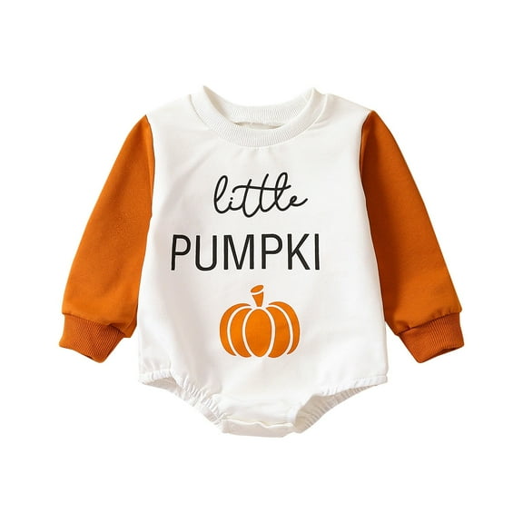 Coerni Toddler Baby Boys Girls Halloween Pumpkin Letter Print Romper Color Block Long Sleeve Crewneck Bodysuit for Party