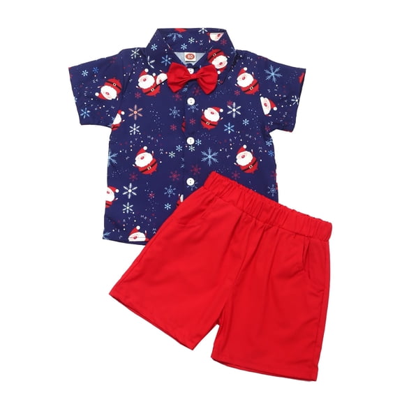 Coerni Toddler Boys Summer Outfits Lapel Short Sleeve Santa Snowflake Printed Suit Solid Shorts Christmas Boys Dress Suit