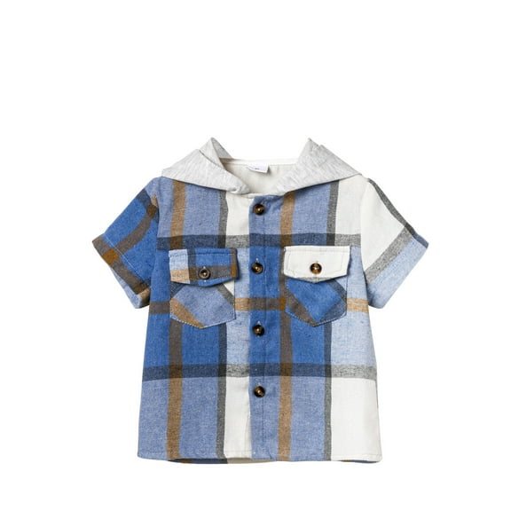 Coerni Toddler Baby Boys Plaid Button Down Shirt Short Sleeve Casual Cotton Hoodie Tops with Pockets Kids Tee Summer Clothes