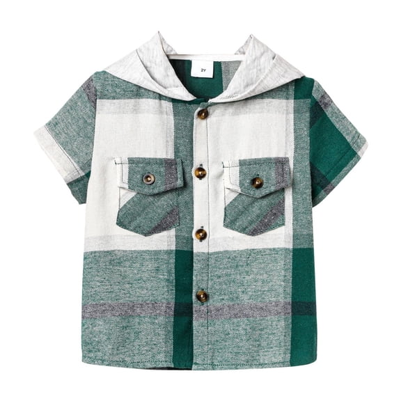 Coerni Toddler Baby Boys Plaid Button Down Shirt Short Sleeve Casual Cotton Hoodie Tops with Pockets Kids Tee Summer Clothes
