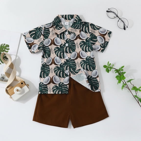 Coerni Toddler Baby Boys Summer Clothes Sets Hawaii Outfits Lapel Button Down Shirt Cartoon Print Tops Shorts Set Clothing Set