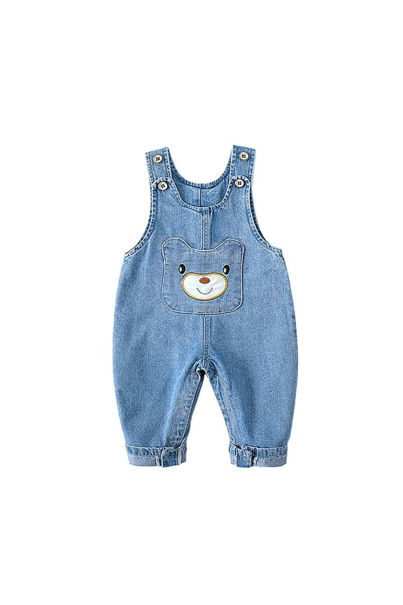 Coerni Toddler Baby Cute Denim Overalls Sleeveless Bear Print Baggy Jeans Jumpsuit Suspender Cowboy Bubble Romper