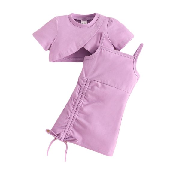 Coerni Toddler Baby Girl 2 Pcs Dress Solid Color Short Top Camisole Pleated Skinny Dress Sets Summer Casual Clothes