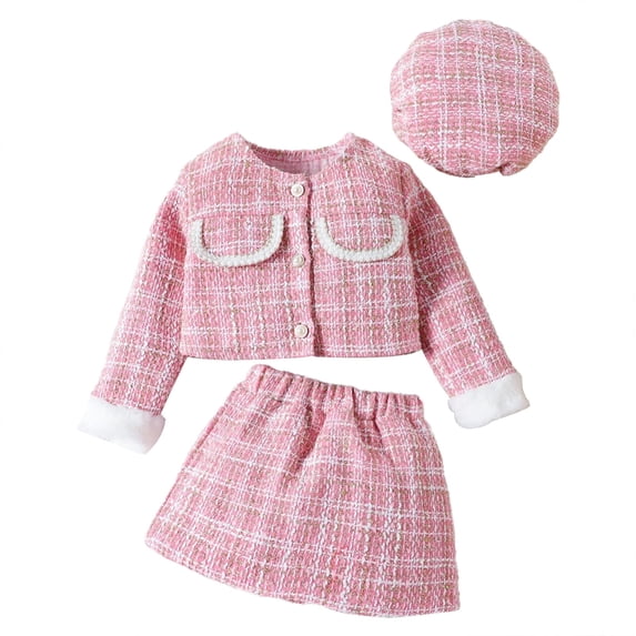 Coerni Toddler Baby Girl 3pcs Clothes Set Long Sleeve Winter Coat Tops + Plaid Skirt + Hat Set Fall Winter Outfits 1-6 Years