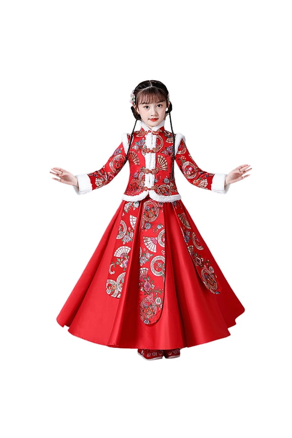 Coerni Toddler Baby Girl Chinese Ancient Clothing New Year's Dress Sets Thick Children Tang Suit Long Sleeve Dress 2Pcs Outfits