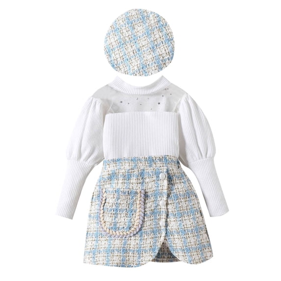 Coerni Toddler Baby Girl Clothes Set Long Sleeve Knit Shirt Sweater Tops Plaid Skirt With Hat Set Fall Winter Outfits