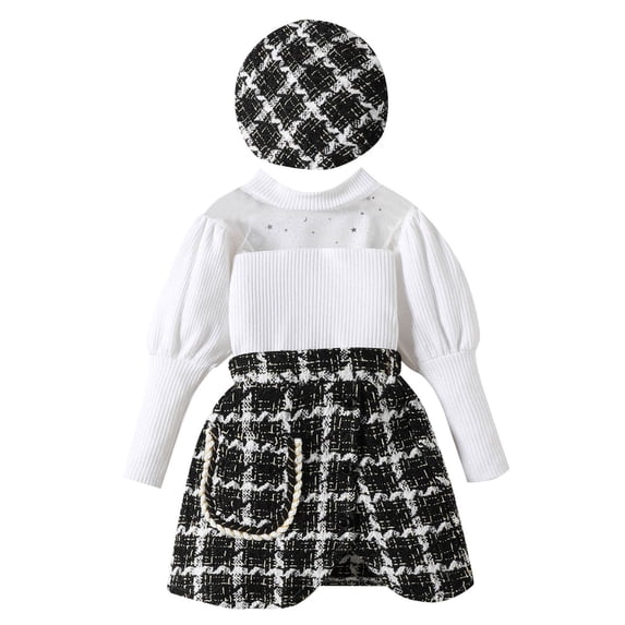 Coerni Toddler Baby Girl Clothes Set Long Sleeve Knit Shirt Sweater Tops Plaid Skirt With Hat Set Fall Winter Outfits
