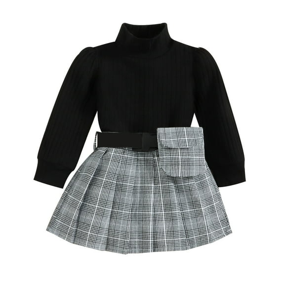 Coerni Toddler Baby Girl Fall Winter Skirt Set Turtleneck Long Sleeve T-Shirt Top & Plaid Skirts With Bag 2Pcs Outfits