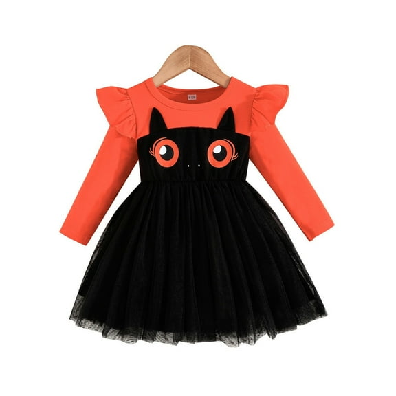 Coerni Toddler Baby Girl Halloween Outfit Pumpkin Ghost Cat Long Sleeve Tulle Halloween Dress Holiday Clothes 1-3 Years