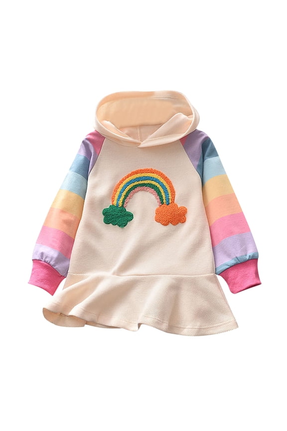 Coerni Toddler Baby Girl Rainbow Knitted Hoodie Sweatshirt Dress Long Sleeve Ruffle Casual Dress Fashion Spring Fall Clothes