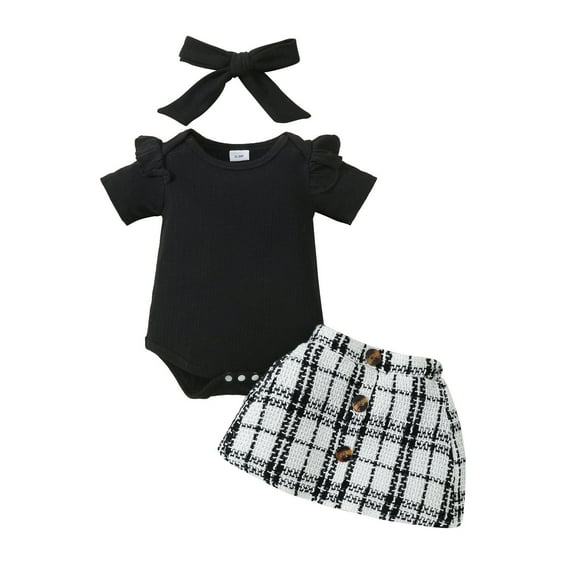 Coerni Toddler Baby Girl Ruffles Short Sleeve Rompers Plaid Print Button Skirt Headband Set 3 6 9 12 18 Months Girl Summer Clothes