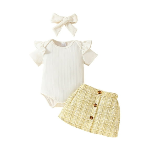 Coerni Toddler Baby Girl Ruffles Short Sleeve Rompers Plaid Print Button Skirt Headband Set 3 6 9 12 18 Months Girl Summer Clothes