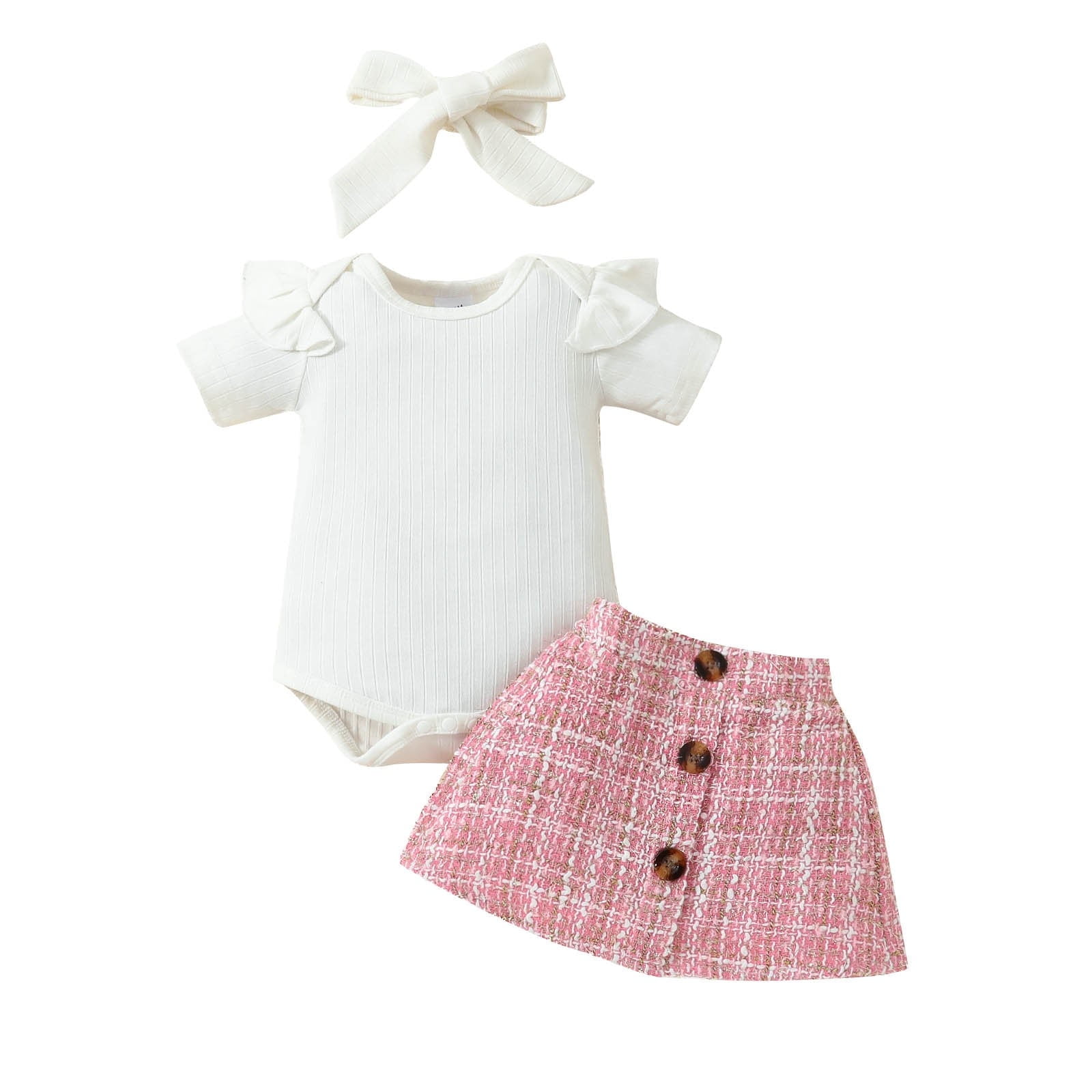 Coerni Toddler Baby Girl Ruffles Short Sleeve Rompers Plaid Print Button Skirt Headband Set 3 6